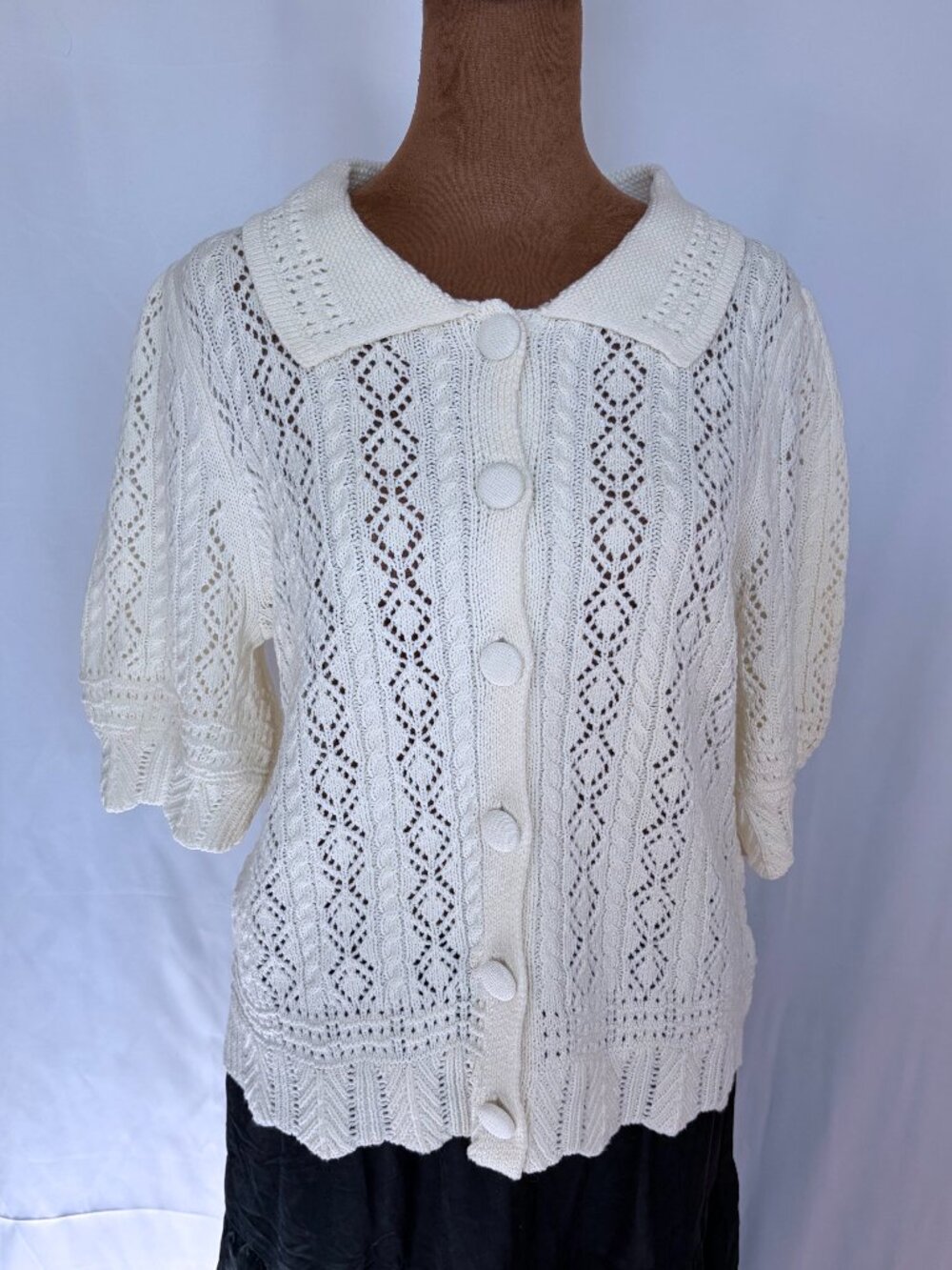 Lands’ End Cream Pointelle Cable Knit Puff Sleeve Cardigan M